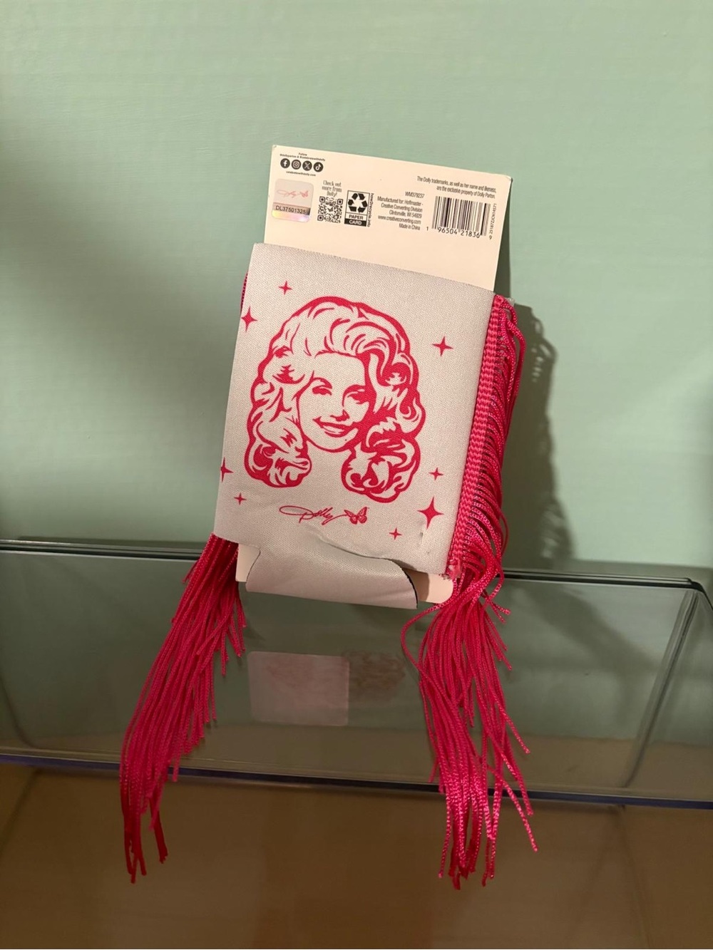 NEW Dolly Parton Pink Fringe Coozie Koozie Can Cooler